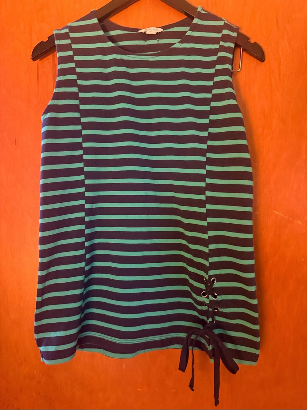 Nautica Teal and Black Striped Sleeveless Tank with Side Lace-Up